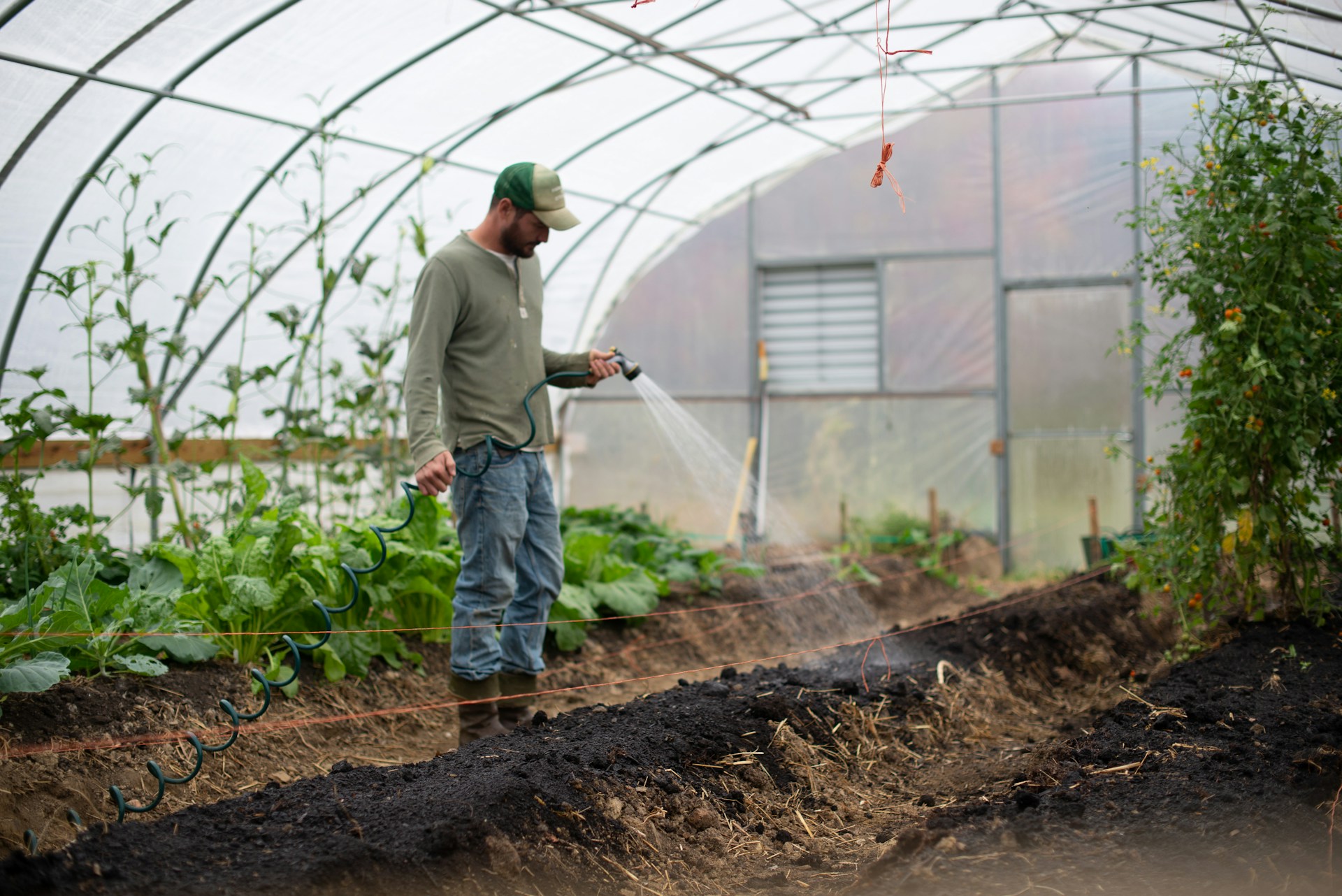 Salariée de jardinerie prenant soin des plantes en serre, mutuelle et prévoyance collective CCN Jardineries et Graineteries (IDCC 1760)